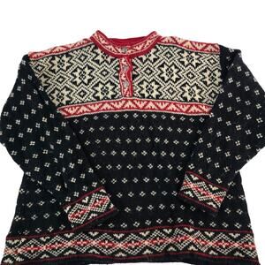 VTG L.L. Bean Mens Sweater Large Wool Blend Norwegian Nordic Fair Isle Black Red